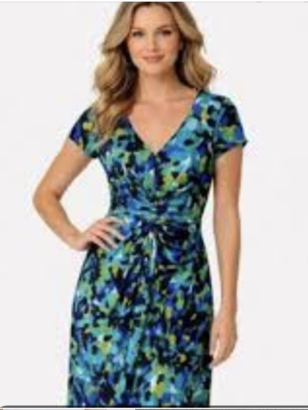 Marc Bouwer Blue and Green V-Neck Knot Waist Midi Dress Small